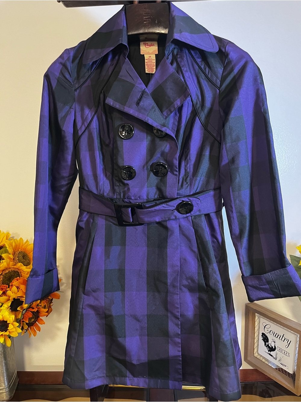 Candie’s Purple & Black Plaid Belted Trench Coat Jacket Women’s Medium NWT - Picture 2 of 7